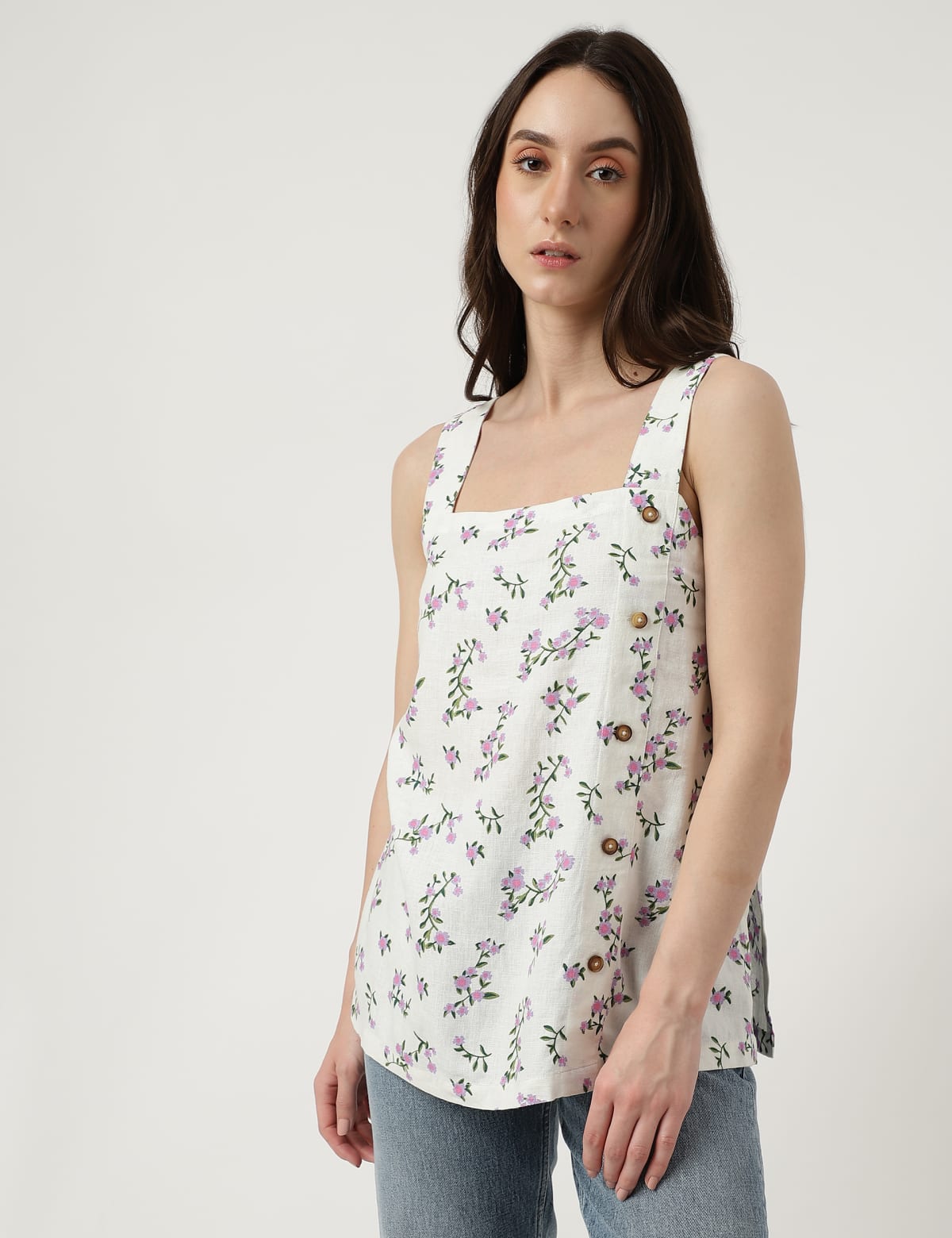 

Marks & Spencer Linen Mix Printed Square Neck Top (FEMALE, IVORY MIX, 10)