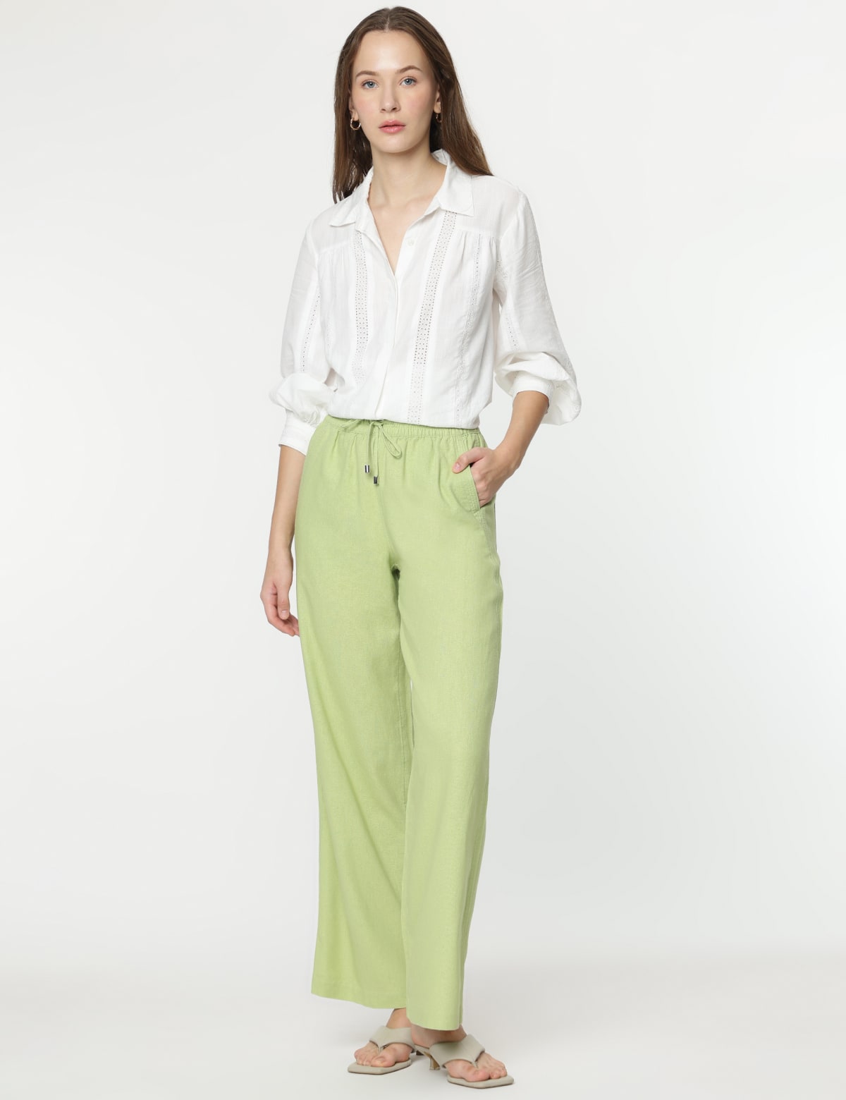 

Marks & Spencer Linen Mix Plain Wide Leg Trousers (FEMALE, PISTACHIO, 14-REG)