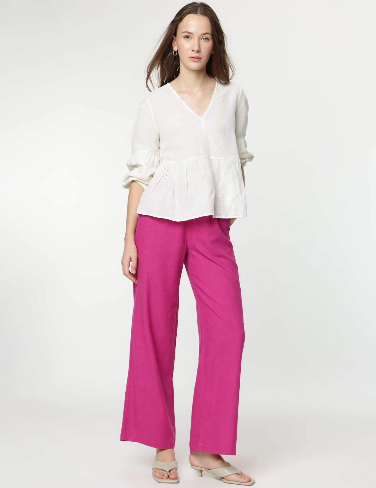 

Marks & Spencer Linen Mix Plain Wide Leg Trousers (FEMALE, FUCHSIA, 14-REG)