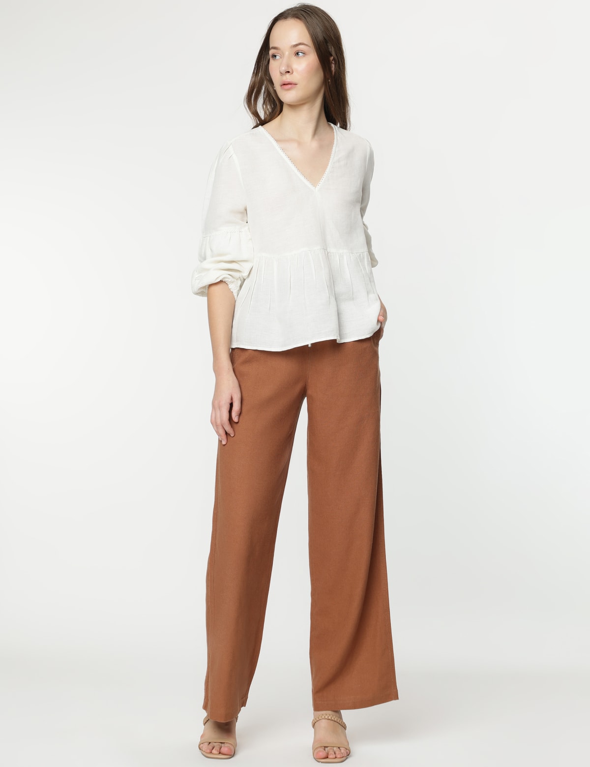 

Marks & Spencer Linen Mix Plain Wide Leg Trousers (FEMALE, COPPER TAN, 16-REG)