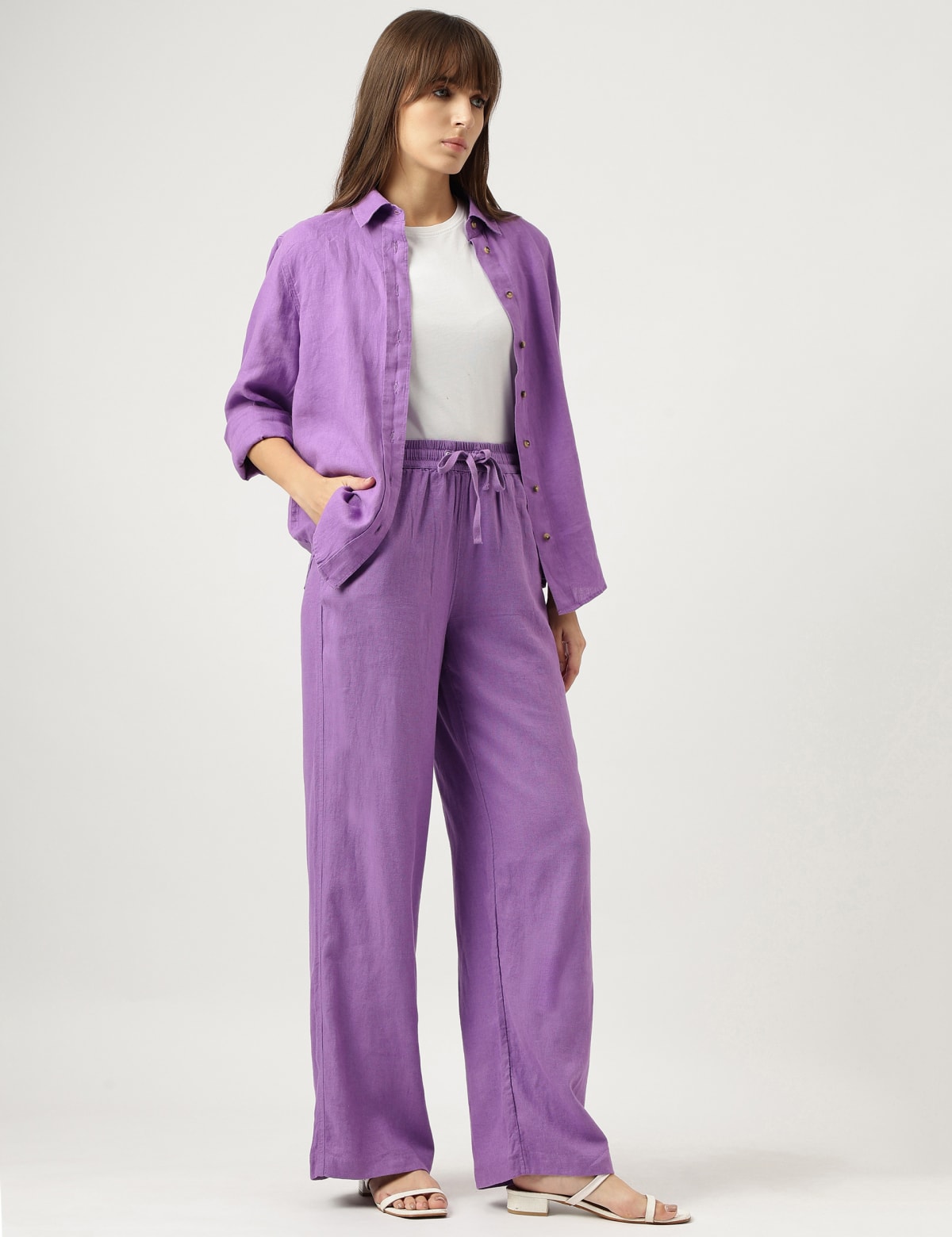 

Marks & Spencer Linen Mix Plain Wide Leg Trousers (FEMALE, AMETHYST, 12-REG)