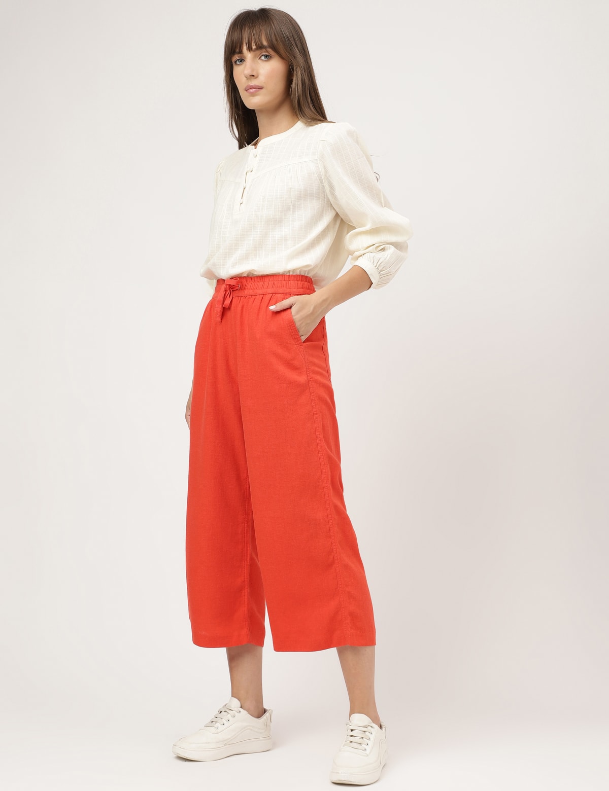 

Marks & Spencer Linen Mix Plain Wide Leg Trousers (FEMALE, FLAME, 6-REG)