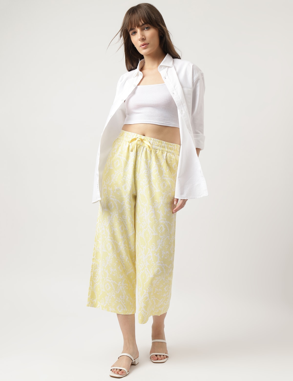 

Marks & Spencer Linen Blend Printed Wide Cropped Pants (FEMALE, YELLOW MIX, 8-REG)