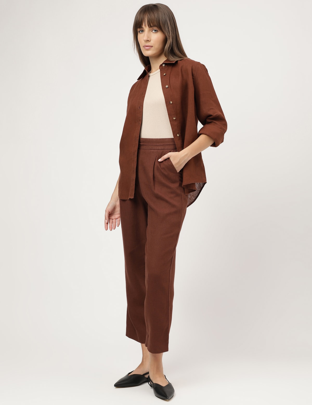 

Marks & Spencer Linen Mix Plain Straight Leg Trousers (FEMALE, CONKER, 8-REG)