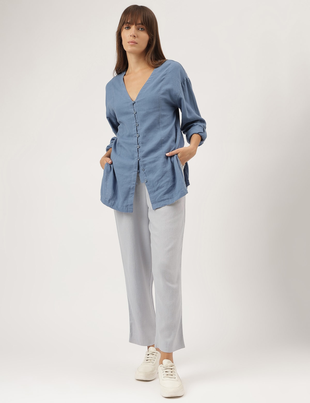 

Marks & Spencer Linen Mix Plain Straight Leg Trousers (FEMALE, PEARL GREY, 8-REG)