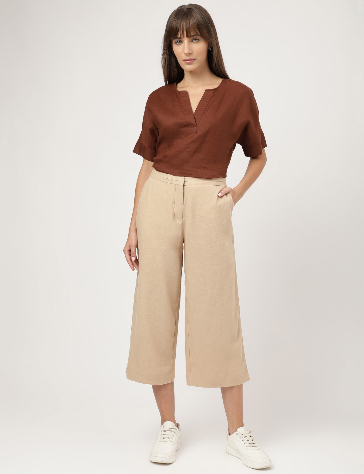 

Marks & Spencer Linen Mix Plain Wide Leg Trousers (FEMALE, CARAMEL, 16)