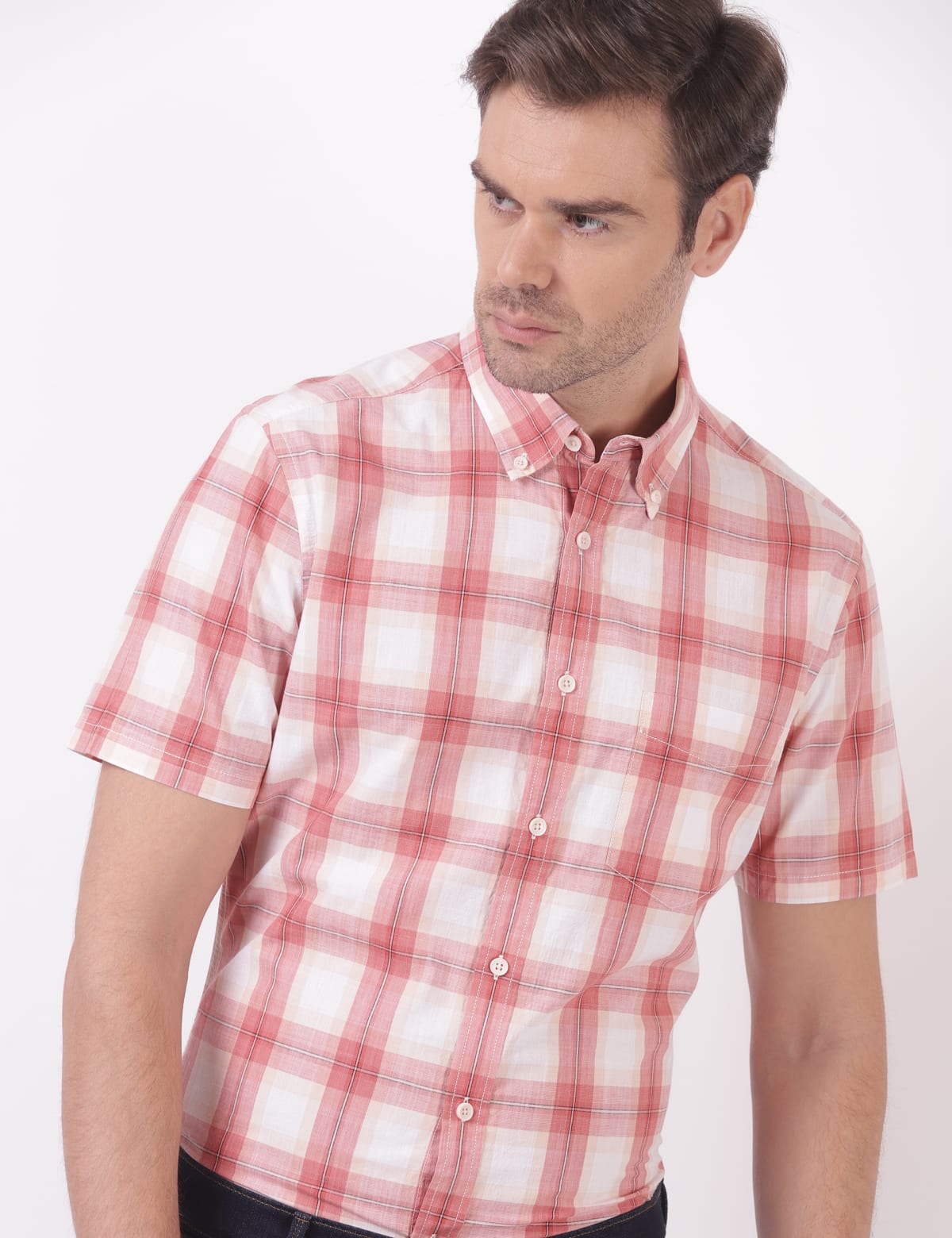 

Marks & Spencer Cotton Checks Button Down Collar Shirts (MALE, ORANGE MIX, S)