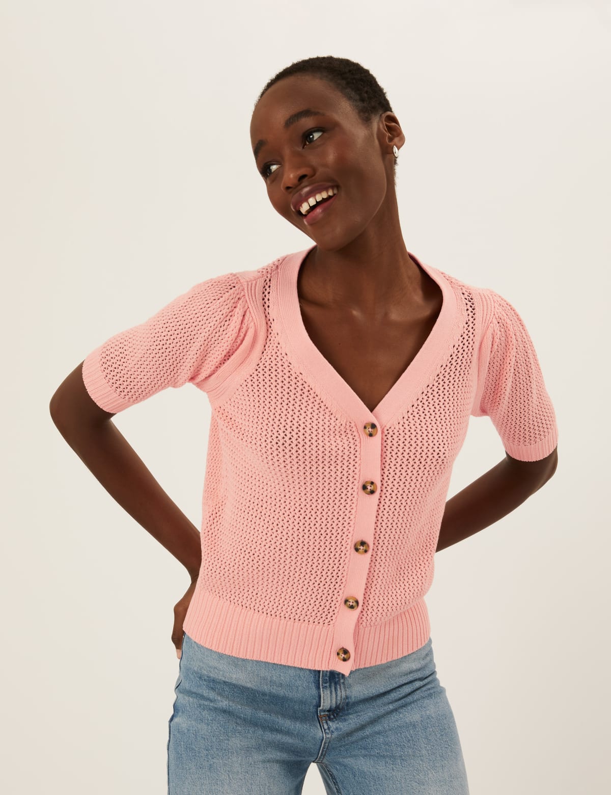 

Marks & Spencer Cotton Rich V-Neck Short Sleeve Cardigan (FEMALE, PEACH, S)