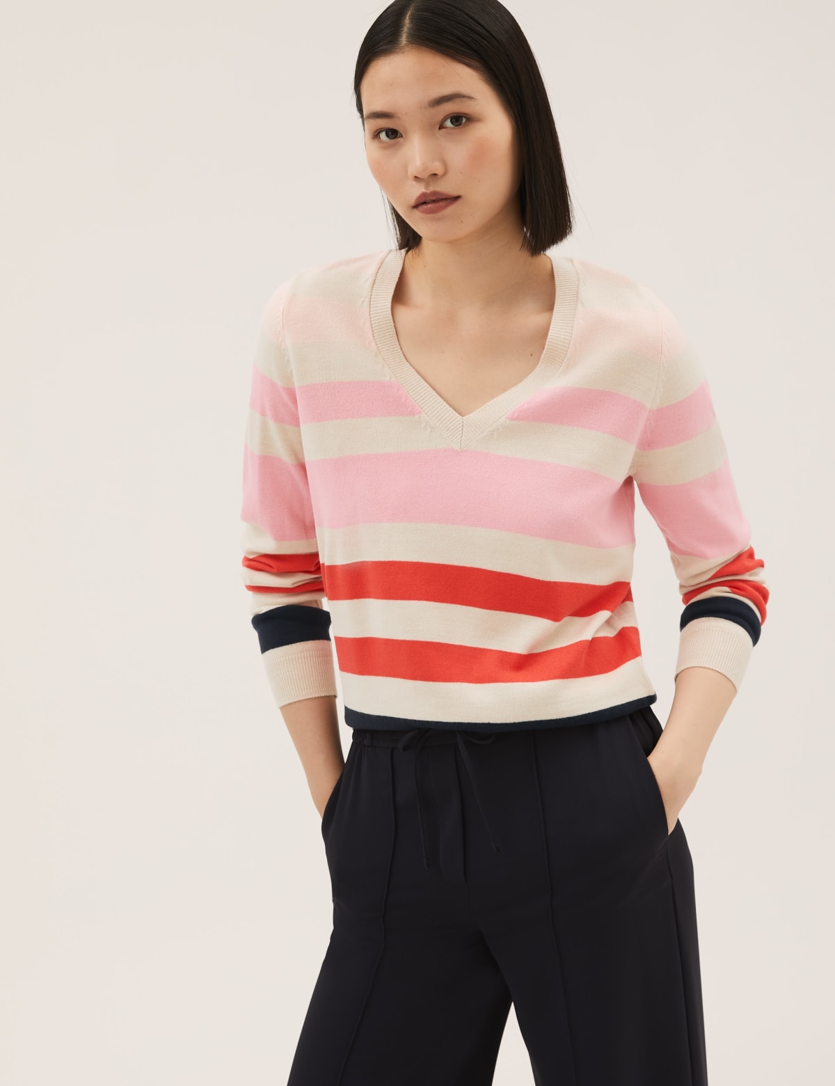 

Marks & Spencer Supersoft Striped V-Neck Jumper (FEMALE, PEACH MIX, M)