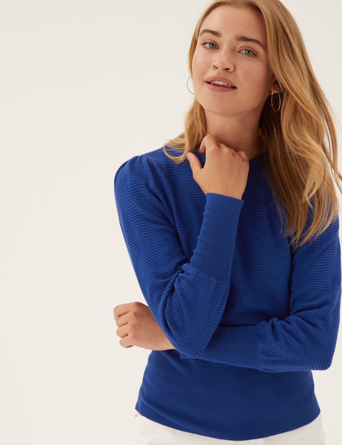 

Marks & Spencer Textured Crew Neck Blouson Sleeve Jumper (FEMALE, DARK BLUE, XS)