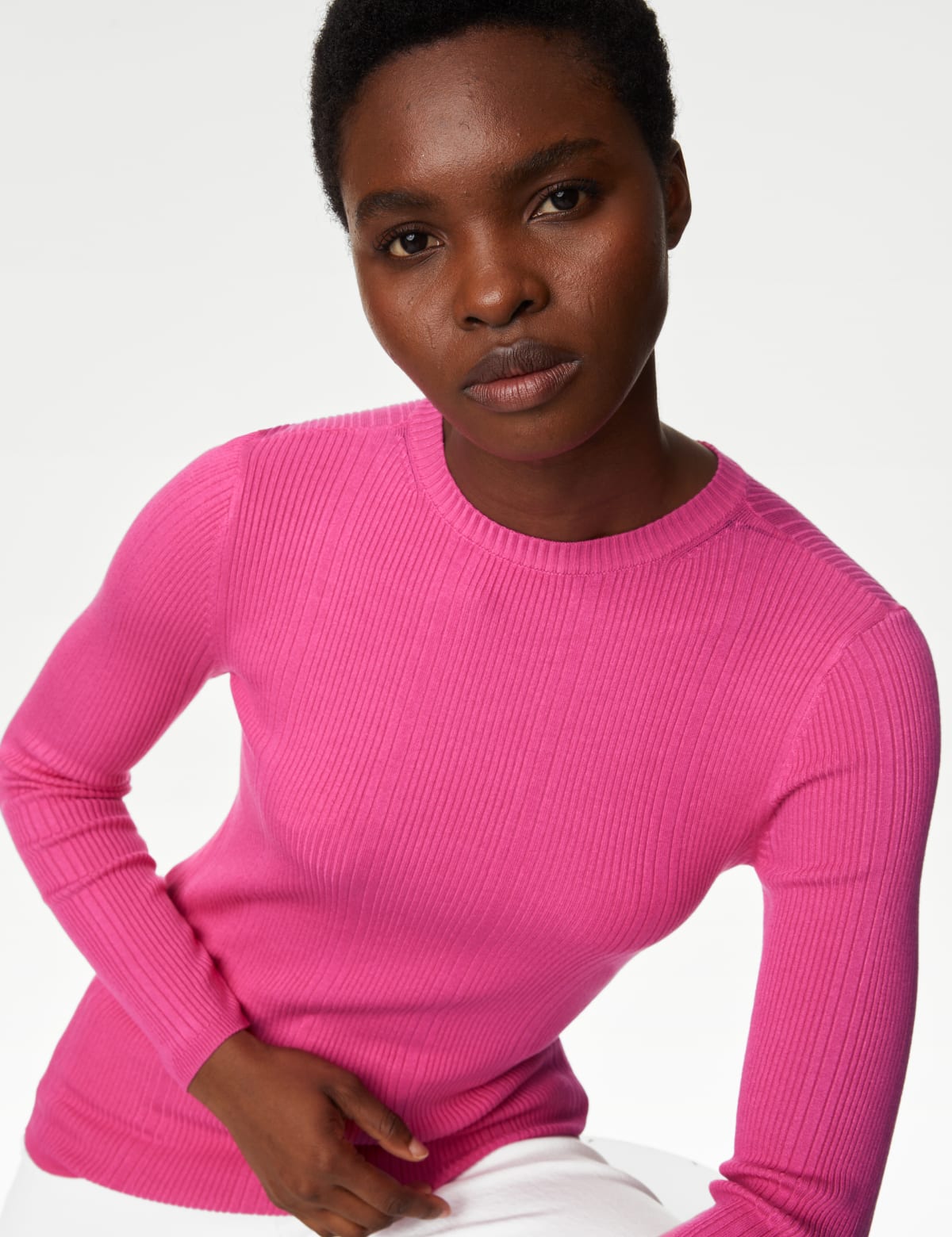 

Marks & Spencer Ribbed Crew Neck Fitted Knitted Top (FEMALE, FUCHSIA, 10)