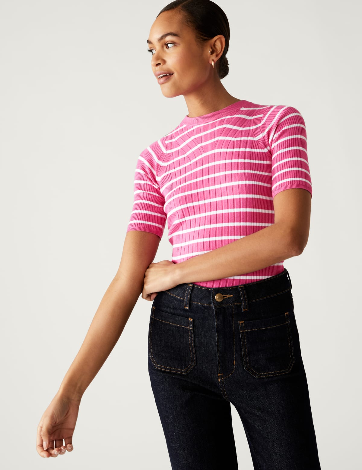 

Marks & Spencer Striped Crew Neck Knitted Top (FEMALE, PINK MIX, L)