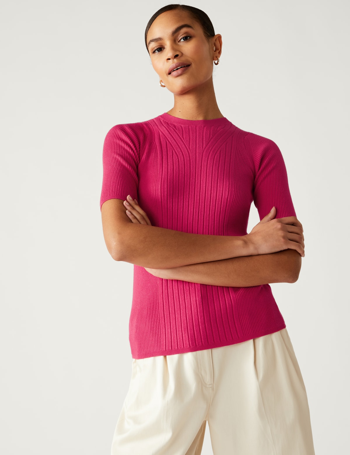 

Marks & Spencer Ribbed Crew Neck Knitted Top (FEMALE, BRIGHT PINK, M)