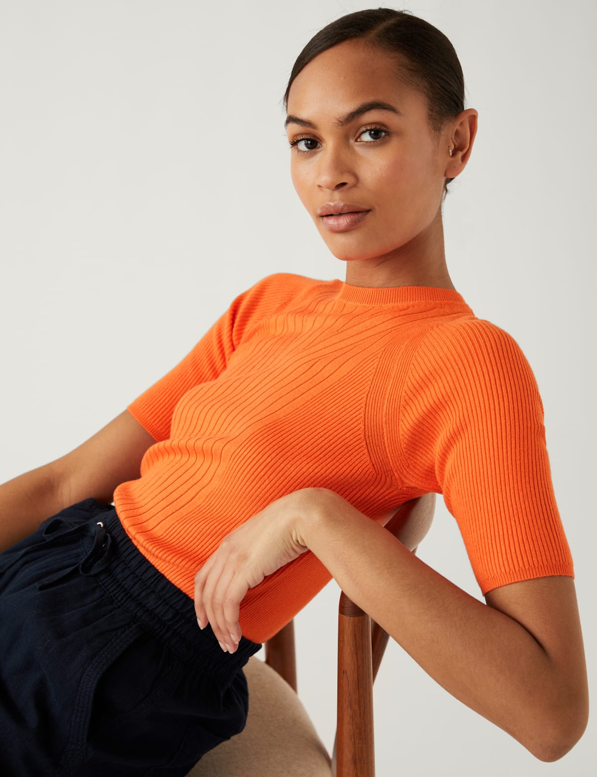 

Marks & Spencer Ribbed Crew Neck Knitted Top (FEMALE, TANGERINE, L)