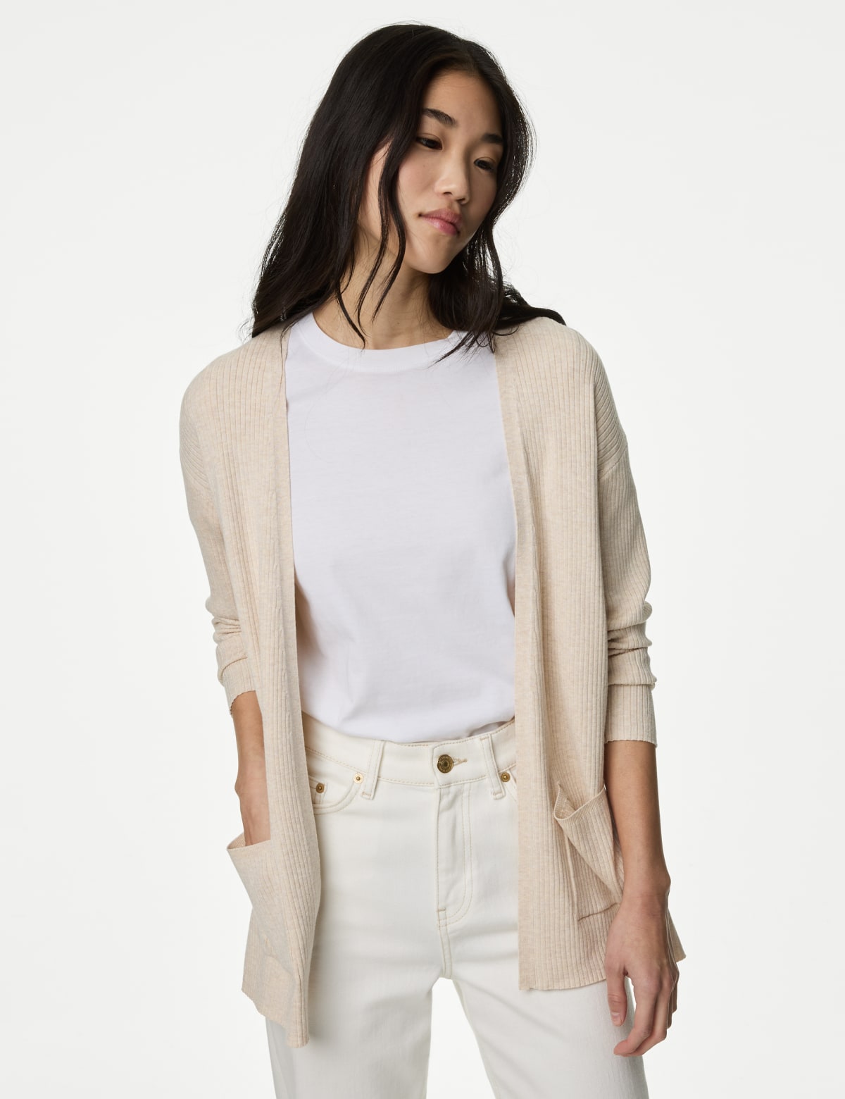 

Marks & Spencer Ribbed Edge to Edge Longline Cardigan (FEMALE, ECRU, L)