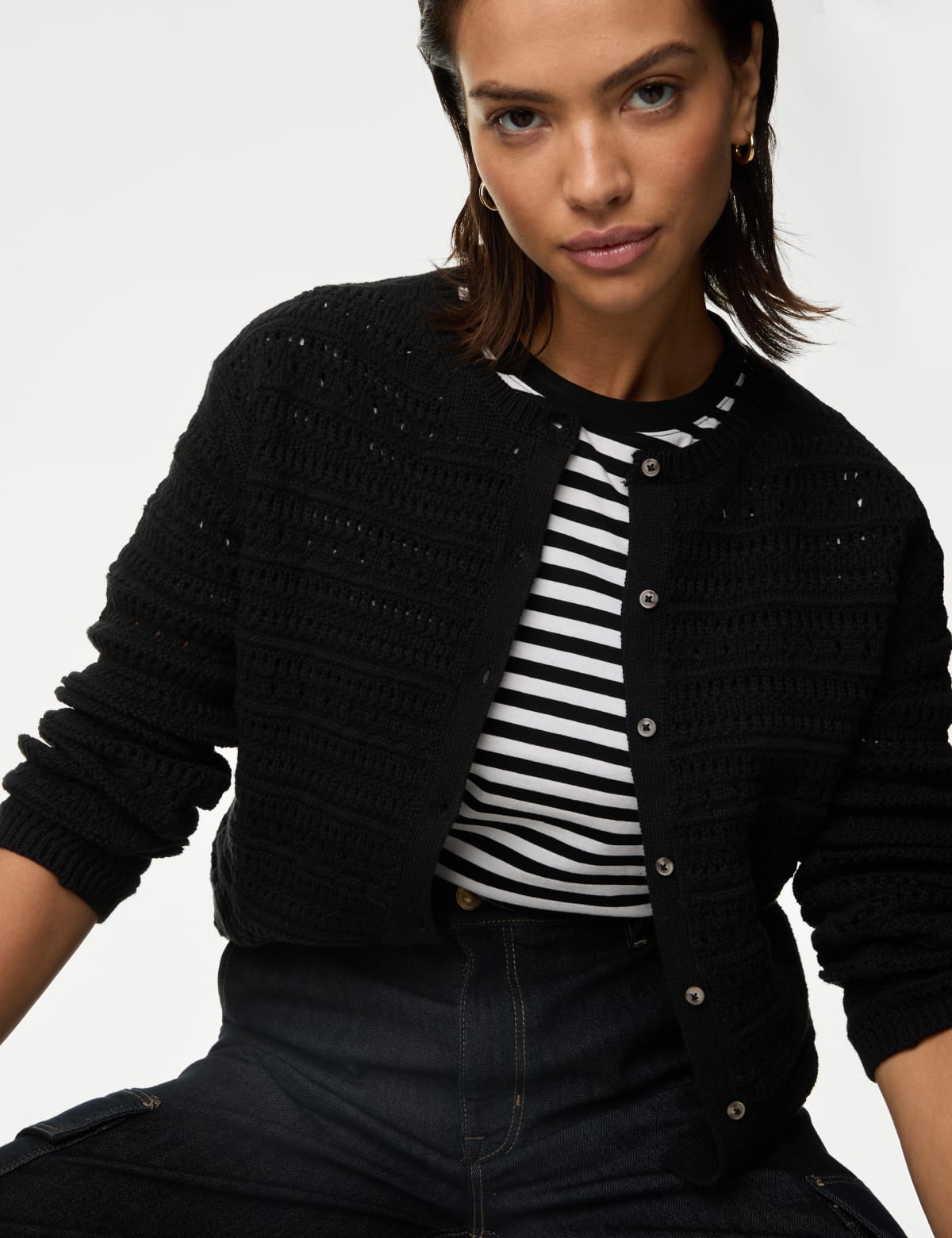 

Marks & Spencer Cotton Rich Textured Pointelle Cardigan (FEMALE, BLACK, XS)