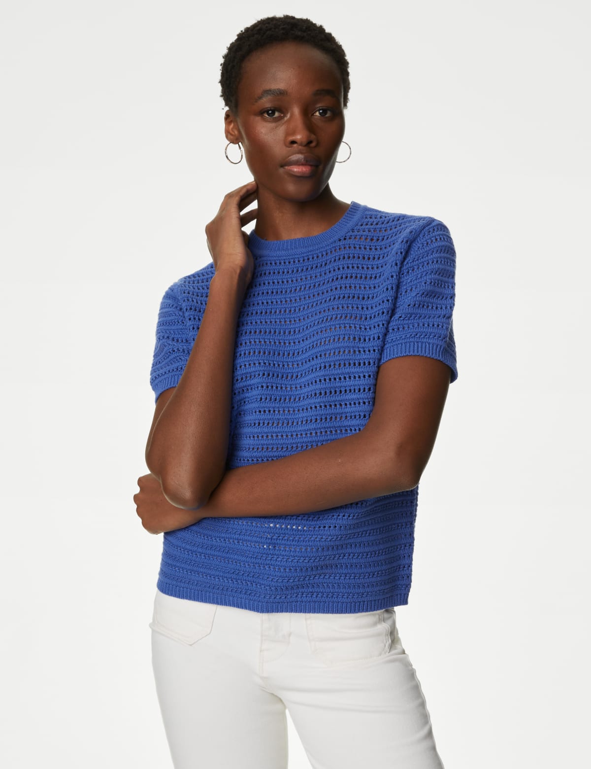 

Marks & Spencer Cotton Rich Crew Neck Textured Knitted Top (FEMALE, IRIS, M)