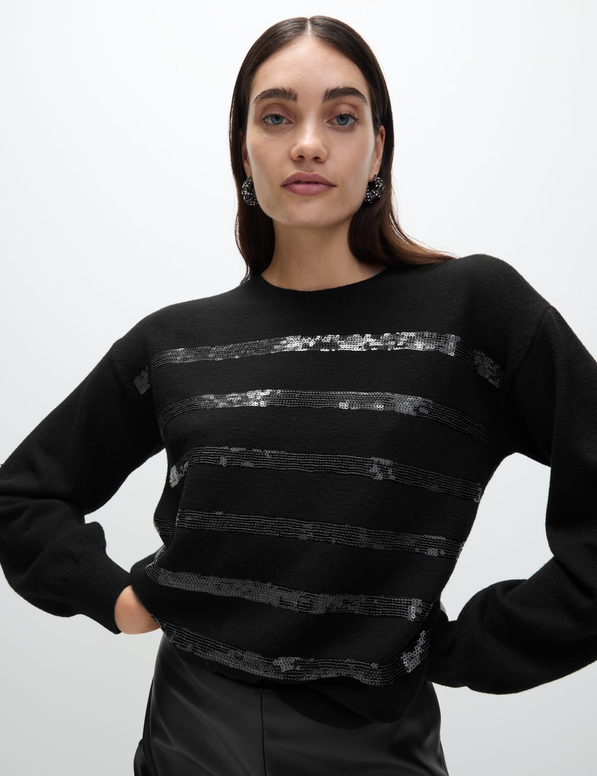 

Marks & Spencer Sequin Stripe Crew Neck Jumper (FEMALE, BLACK, S)