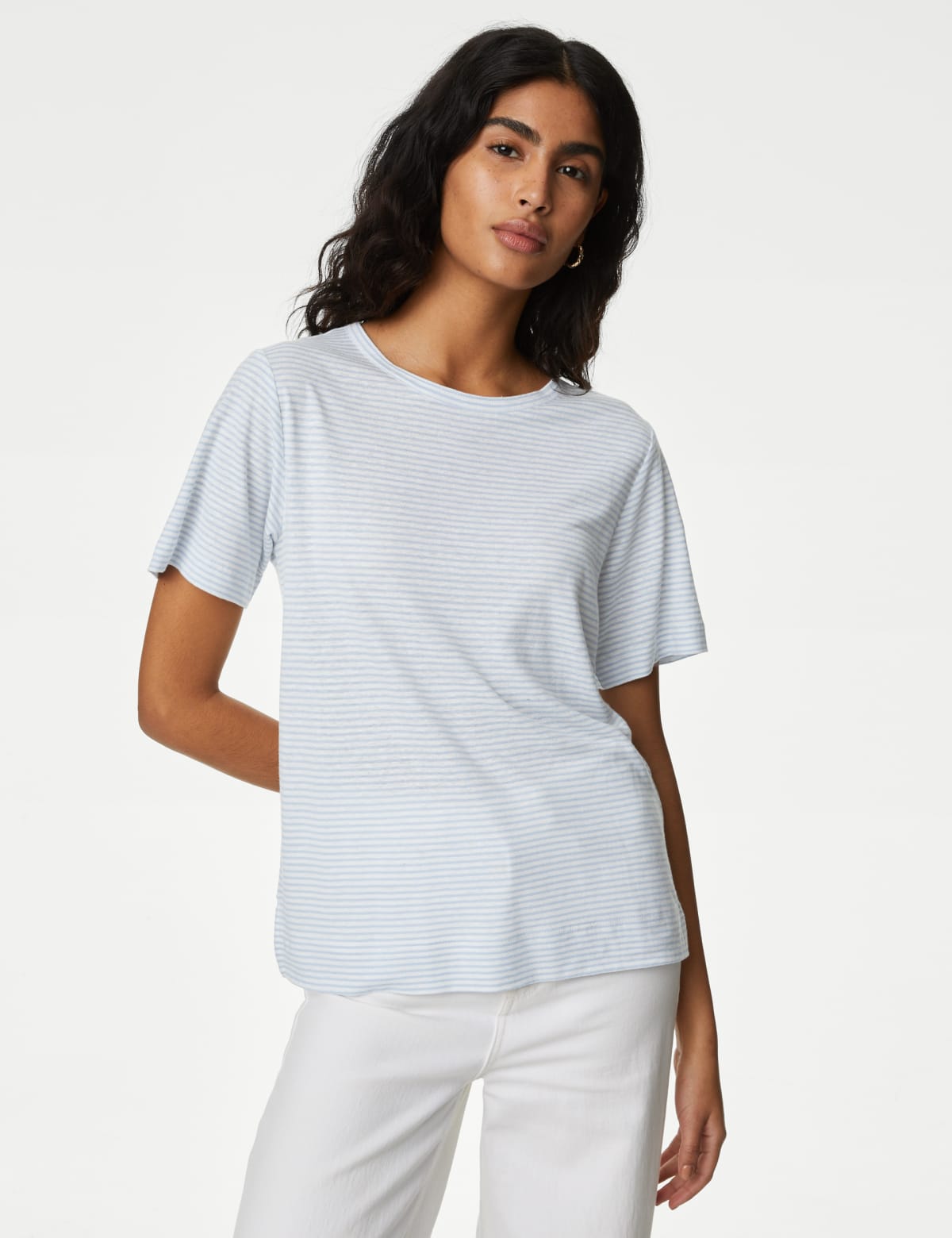 

Marks & Spencer Linen Blend Striped T-Shirt (FEMALE, LIGHT BLUE MIX, 6)