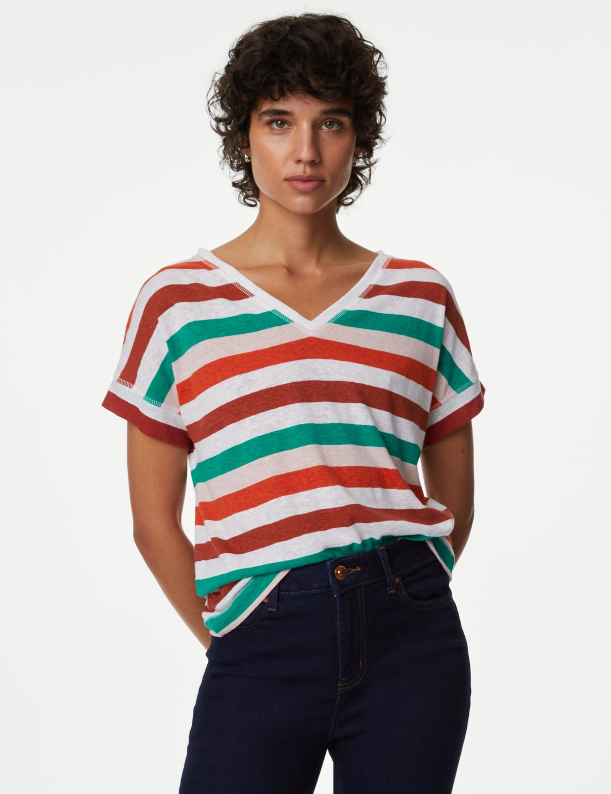 

Marks & Spencer Linen Rich Striped V-Neck T-Shirt (FEMALE, ORANGE MIX, 6)