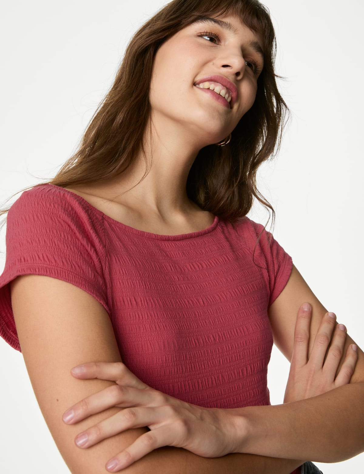 

Marks & Spencer Cotton Blend Textured Off The Shoulder Top (FEMALE, LIGHT CRANBERRY, 6)