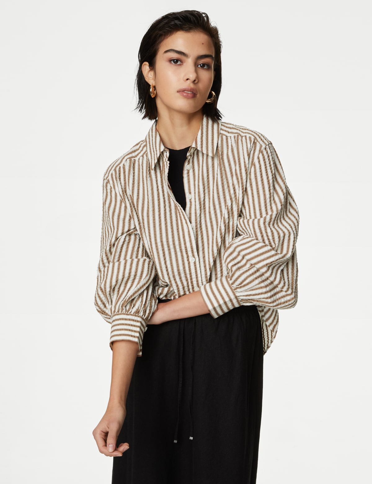 

Marks & Spencer Pure Cotton Striped Collared Shirt (FEMALE, BROWN MIX, 10-REG)