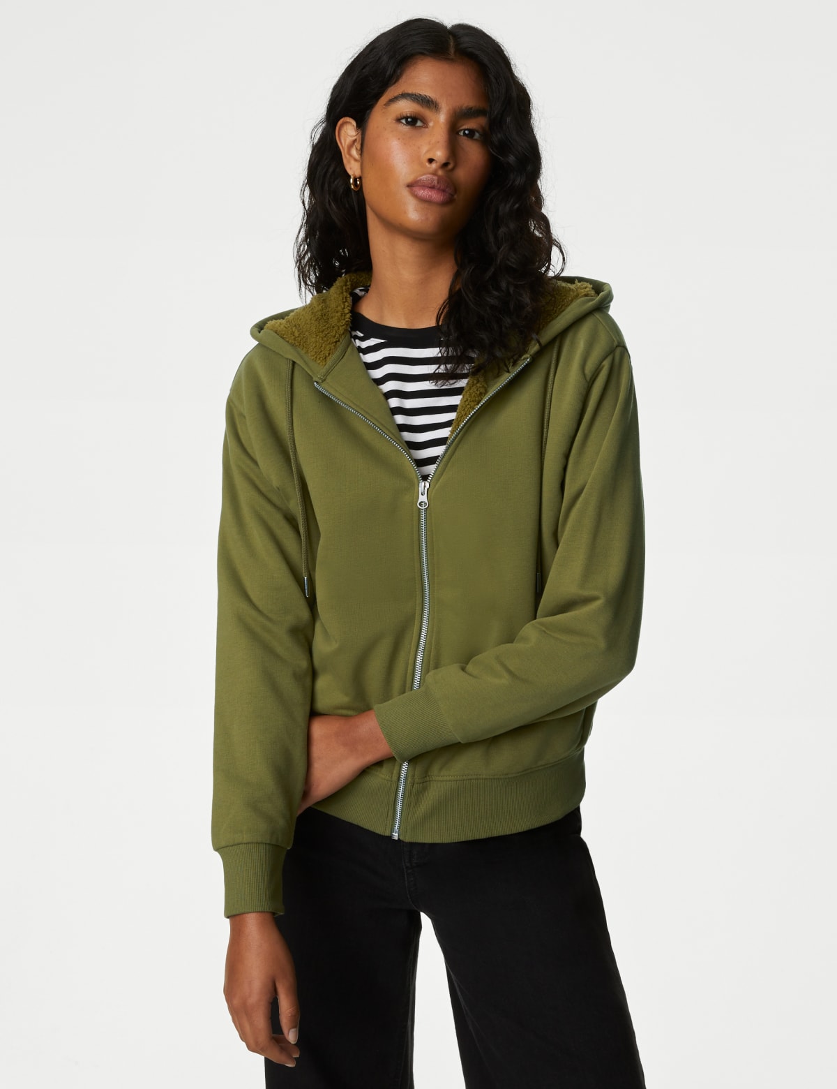 

Marks & Spencer Cotton Rich Borg Lined Zip Up Hoodie (FEMALE, MOSS, S)