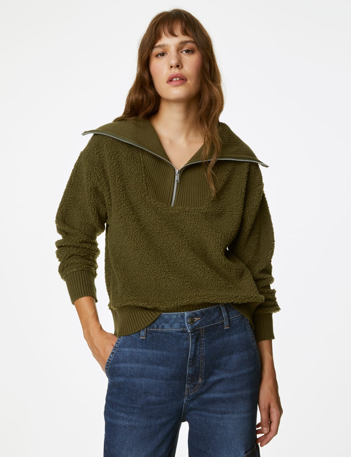 

Marks & Spencer Textured Half Zip Sweatshirt (FEMALE, DARK GREEN, M)