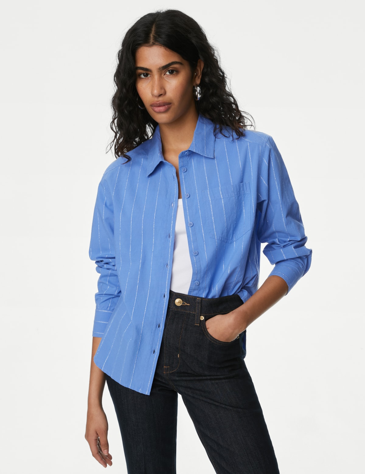 

Marks & Spencer Cotton Rich Sparkly Striped Collared Shirt (FEMALE, POWDER BLUE, 14-REG)