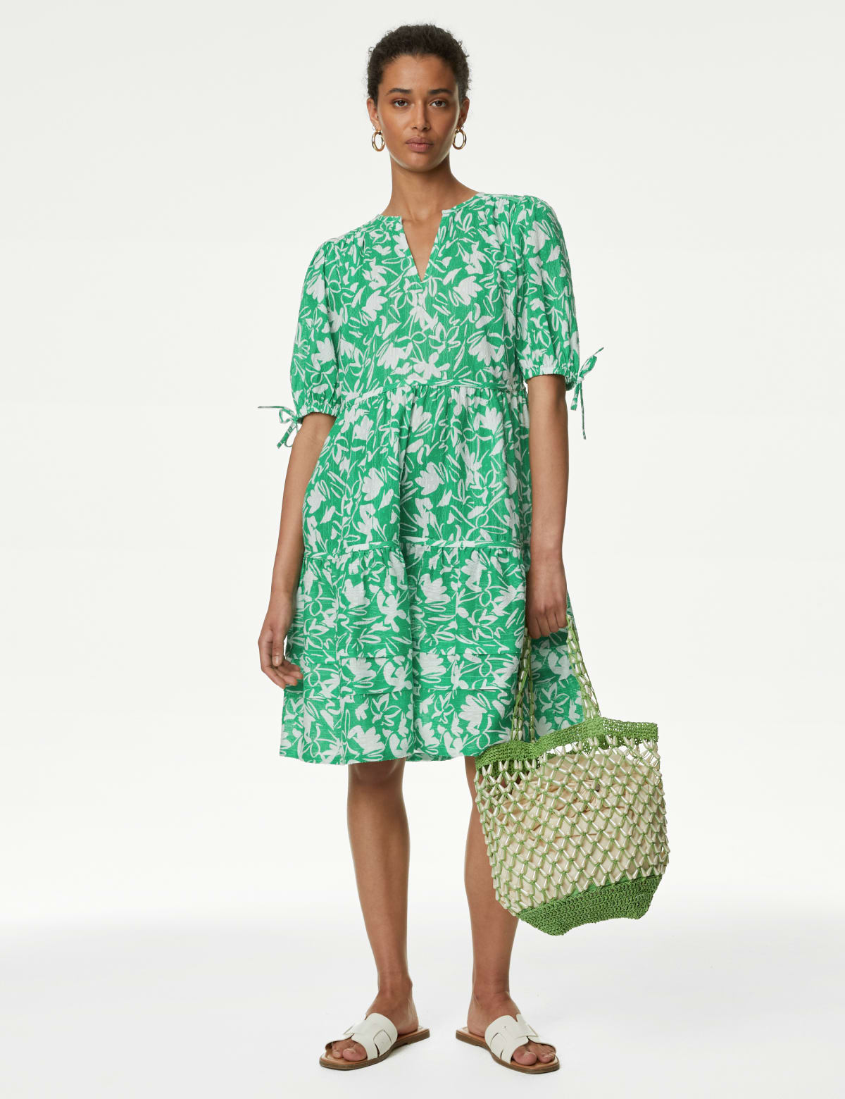 

Marks & Spencer Pure Cotton Floral Pintuck Knee Length Tiered Dress (FEMALE, GREEN MIX, 10-PET)