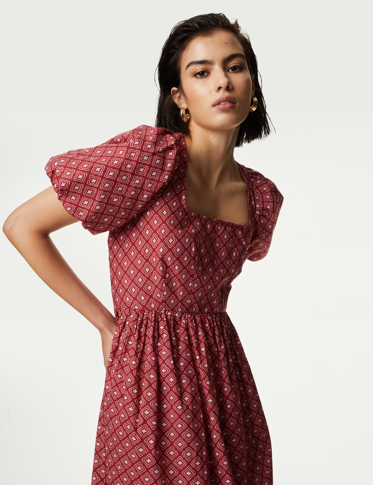 

Marks & Spencer Pure Cotton Printed Square Neck Midi Waisted Dress (FEMALE, RED MIX, 16-PET)