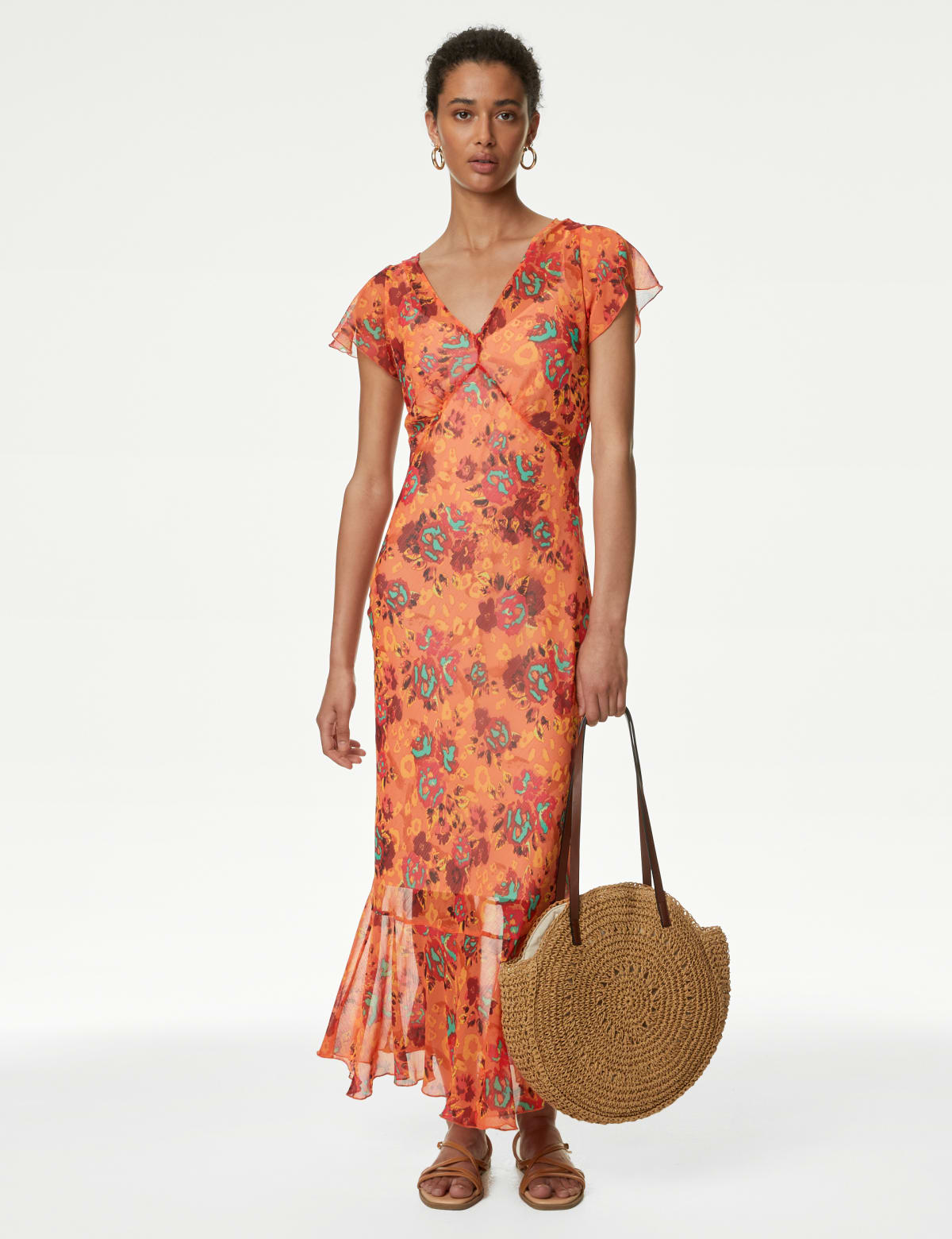 

Marks & Spencer Chiffon Printed V-Neck Midi Waisted Dress (FEMALE, ORANGE MIX, 10-PET)