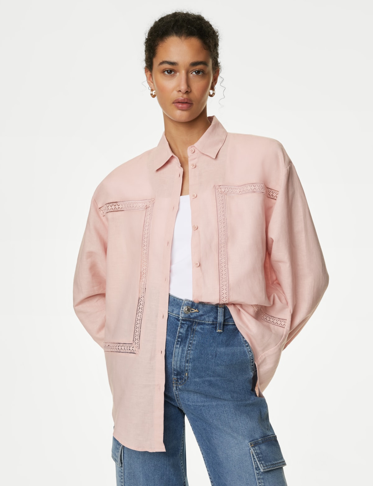 

Marks & Spencer Linen Rich Collared Lace Insert Shirt (FEMALE, PINK SHELL, 20-REG)