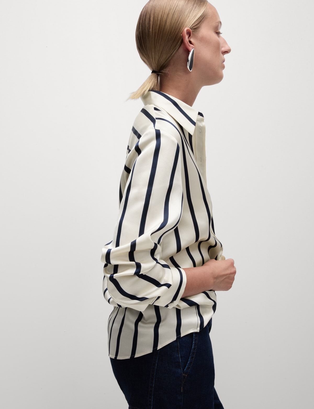 

Marks & Spencer Satin Striped Collared Button Through Shirt (FEMALE, NAVY MIX, 14-REG)