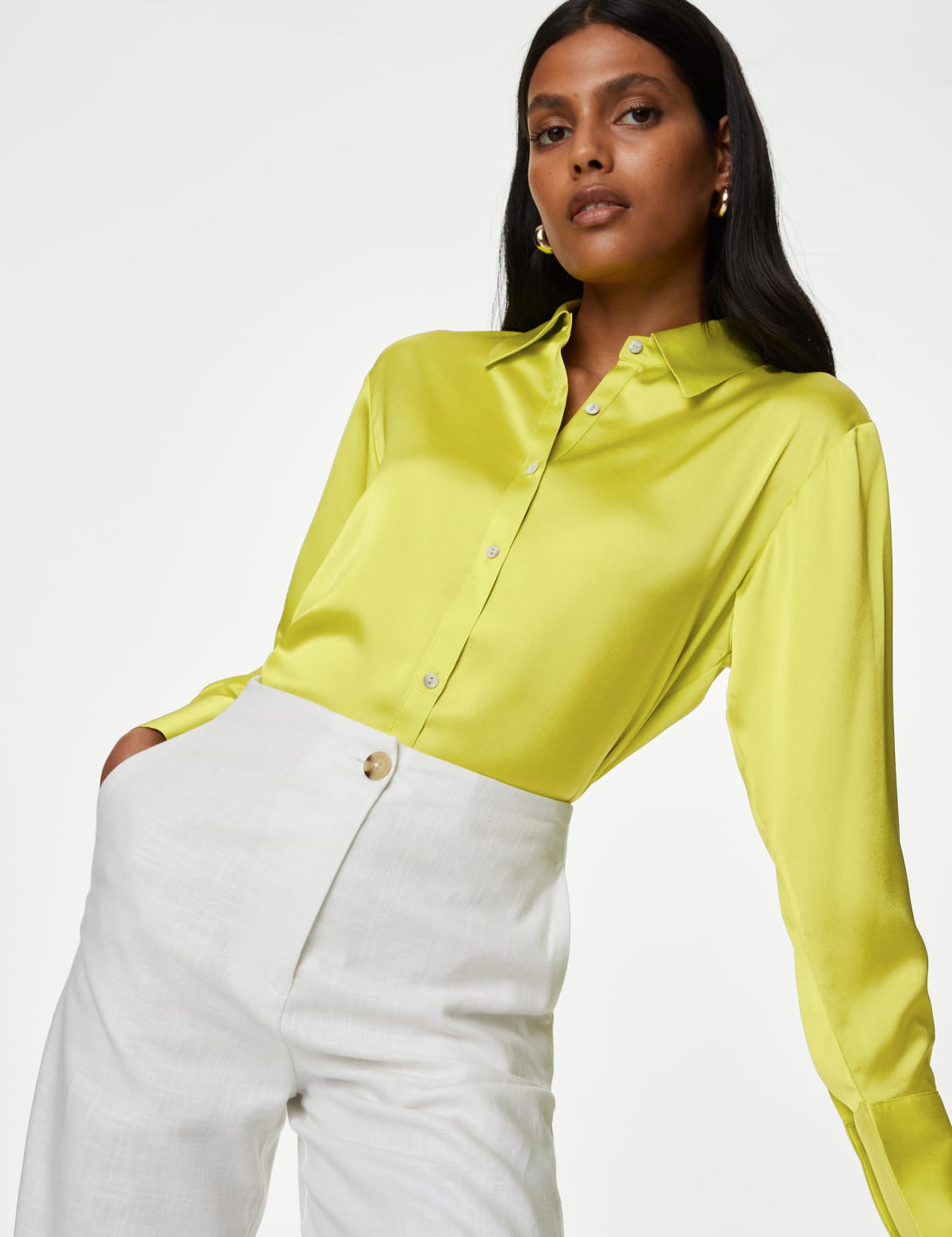 

Marks & Spencer Satin Collared Longline Oversized Shirt (FEMALE, LIMEADE, 6)