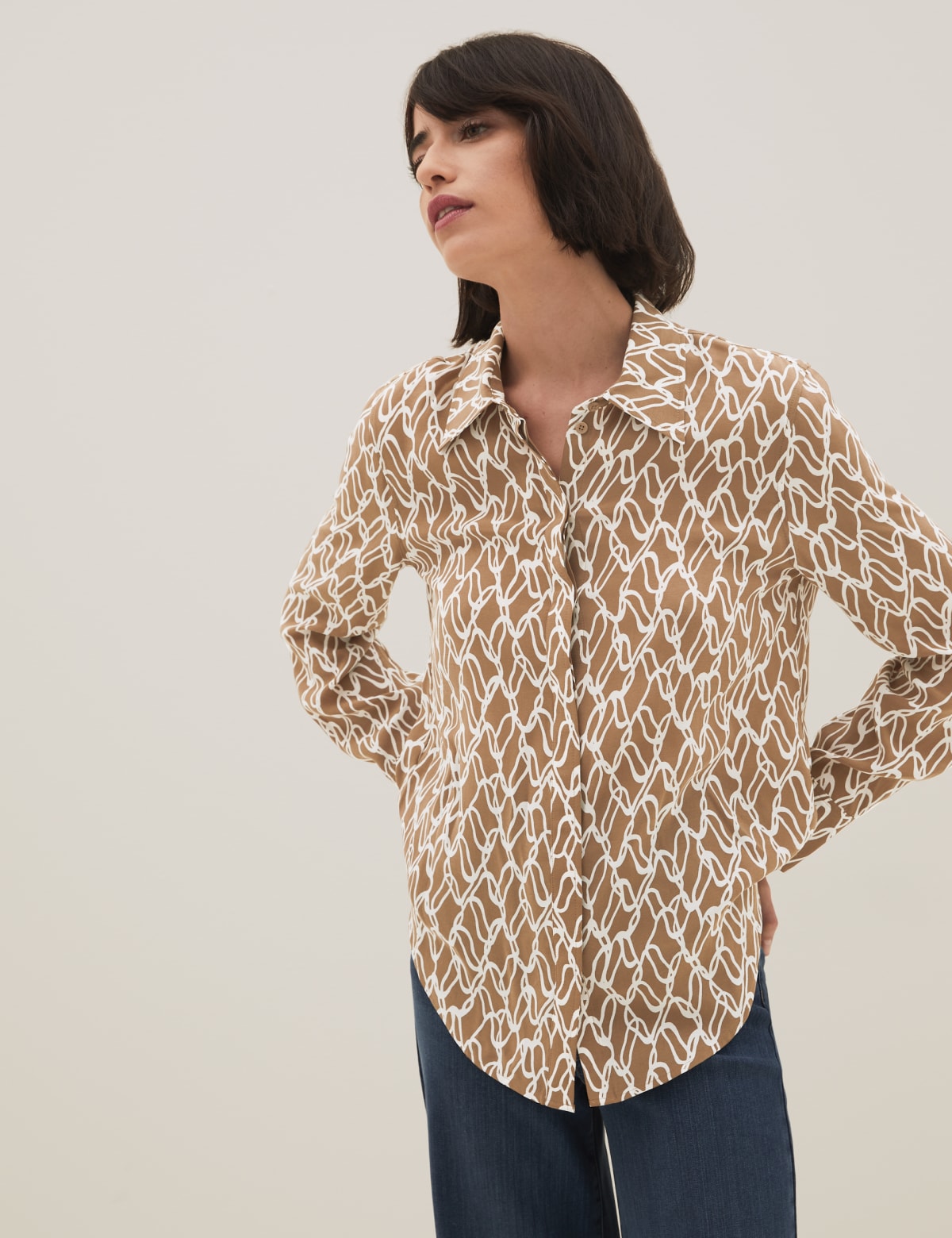 

Marks & Spencer Cupro Rich Printed Long Sleeve Shirt (FEMALE, CAMEL MIX, 6)