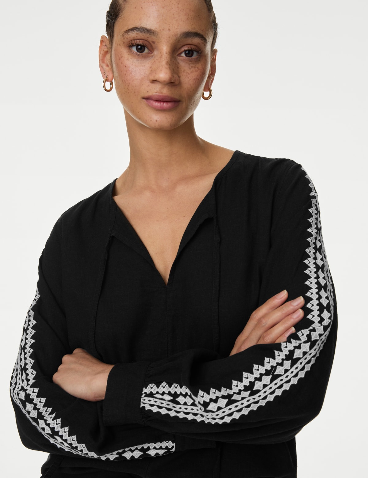 

Marks & Spencer Linen Blend Embroidered Tie Neck Blouse (FEMALE, BLACK, 6)