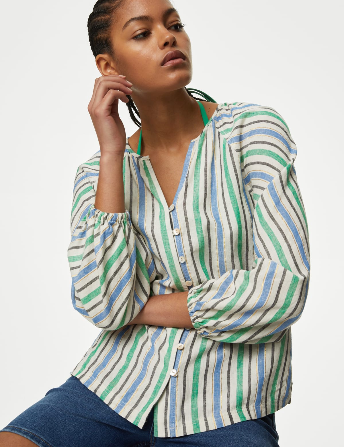 

Marks & Spencer Linen Blend Striped Blouse (FEMALE, GREEN MIX, 12)