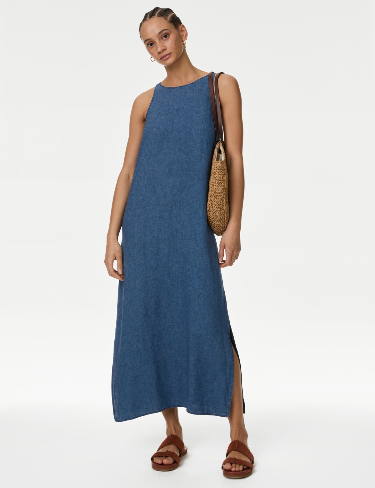 

Marks & Spencer Linen Rich Round Neck Midi Slip Dress (FEMALE, INDIGO, 8-SHT)