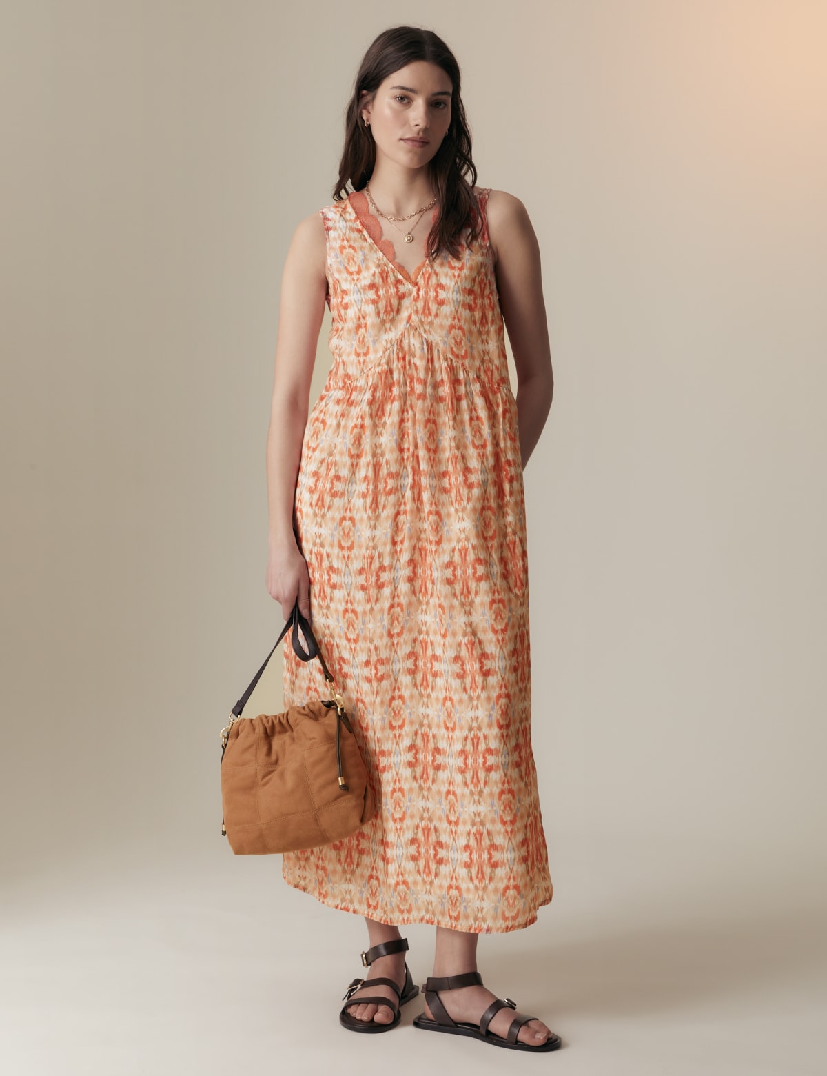 

Marks & Spencer Cupro Blend Printed V-Neck Tea Midi Dress (FEMALE, ORANGE MIX, 18-REG)