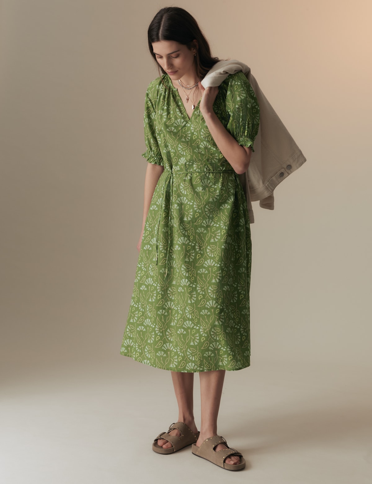 

Marks & Spencer Pure Cotton Printed Midi Smock Relaxed Dress (FEMALE, GREEN MIX, 14-REG)