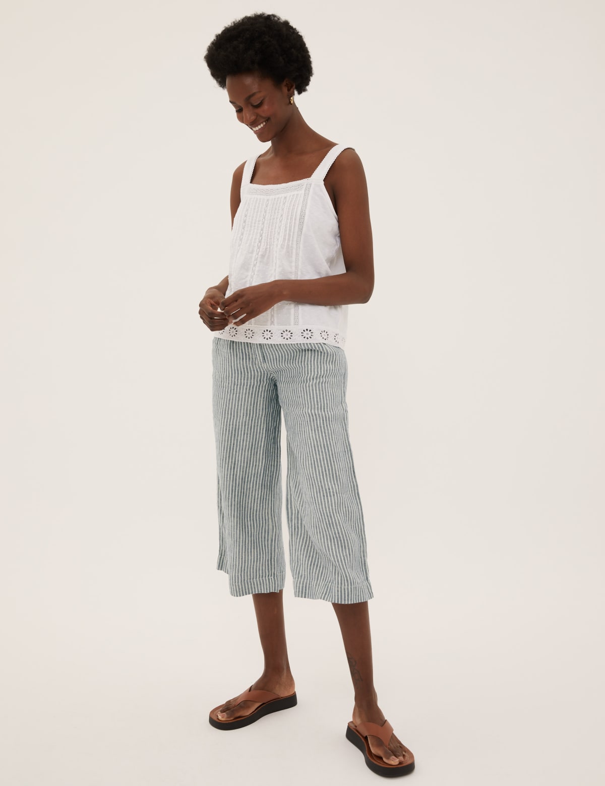 

Marks & Spencer Pure Linen Crop Wide Leg Trousers (FEMALE, NAVY MIX, 10-REG)