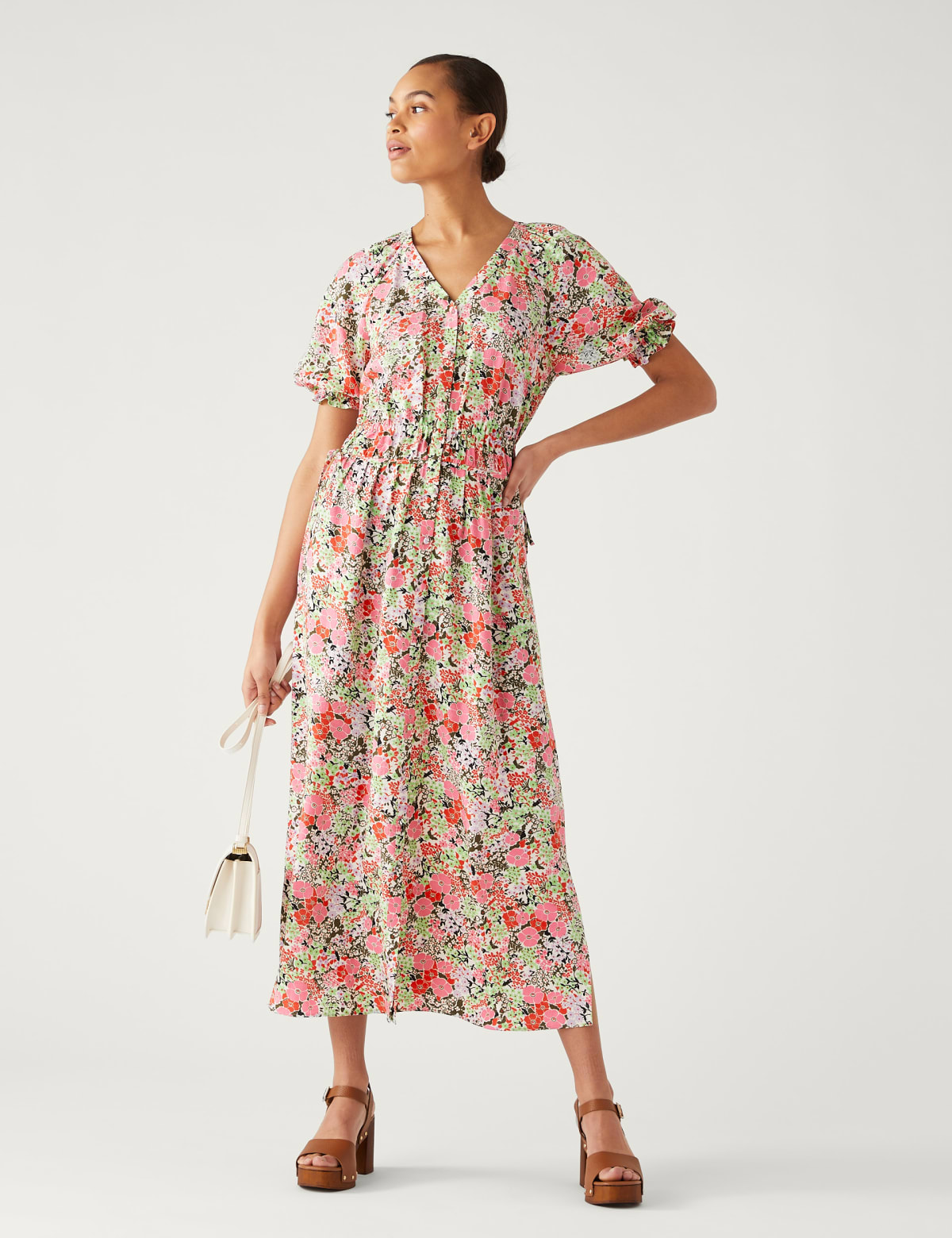 

Marks & Spencer Floral V-Neck Midi Waisted Dress (FEMALE, PINK MIX, 14-REG)