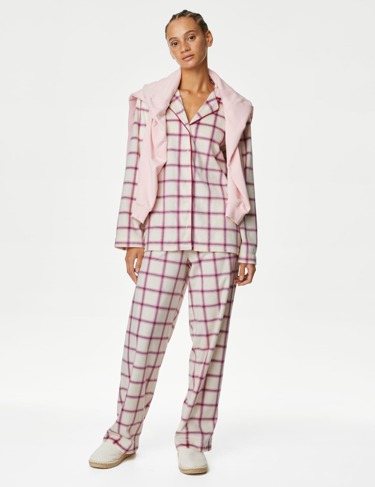 

Marks & Spencer Fleece Checked Pyjama Set (FEMALE, IVORY MIX, M)