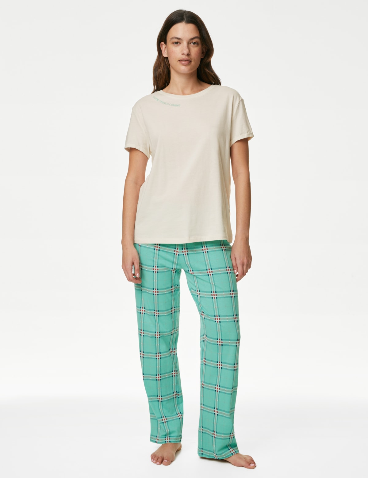 

Marks & Spencer Pure Cotton Checked Slogan Pyjama Set (FEMALE, IVORY MIX, M)