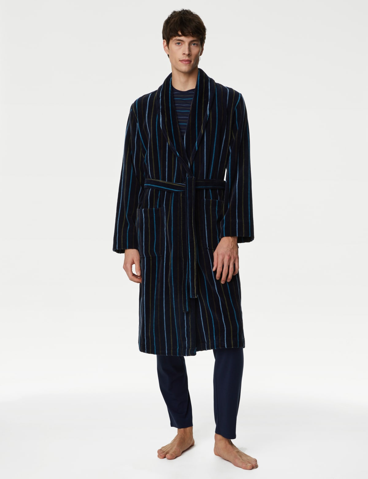 

Marks & Spencer Pure Cotton Velour Striped Dressing Gown (MALE, NAVY MIX, S)