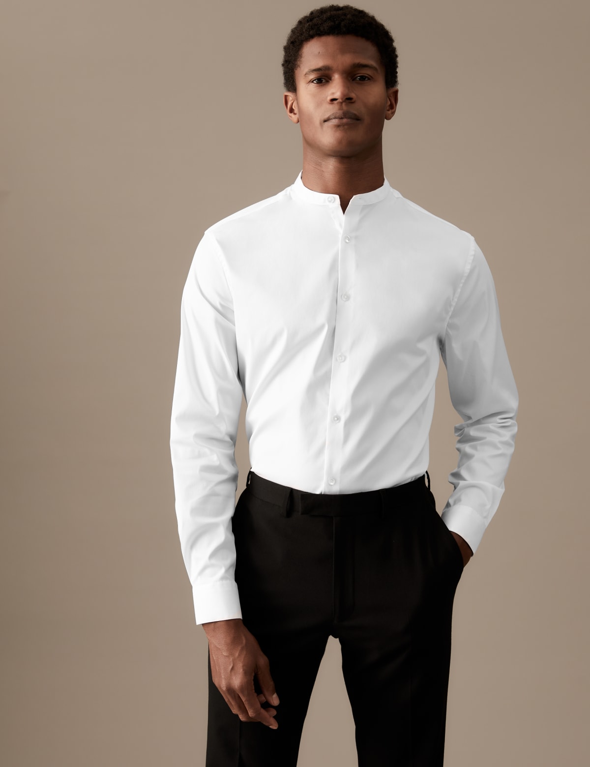 

Marks & Spencer Slim Fit Cotton Stretch Grandad Collar Shirt (MALE, WHITE, XL)