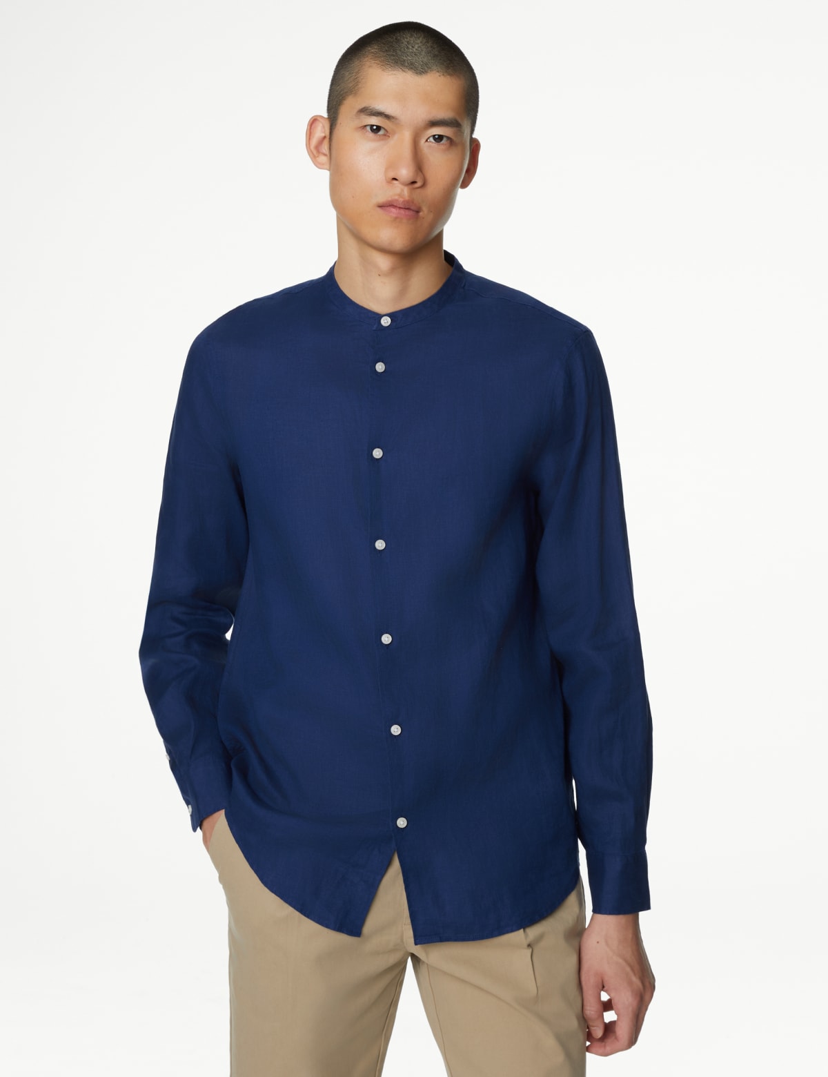 

Marks & Spencer Pure Linen Grandad Collar Shirt (MALE, NAVY, L-REG)