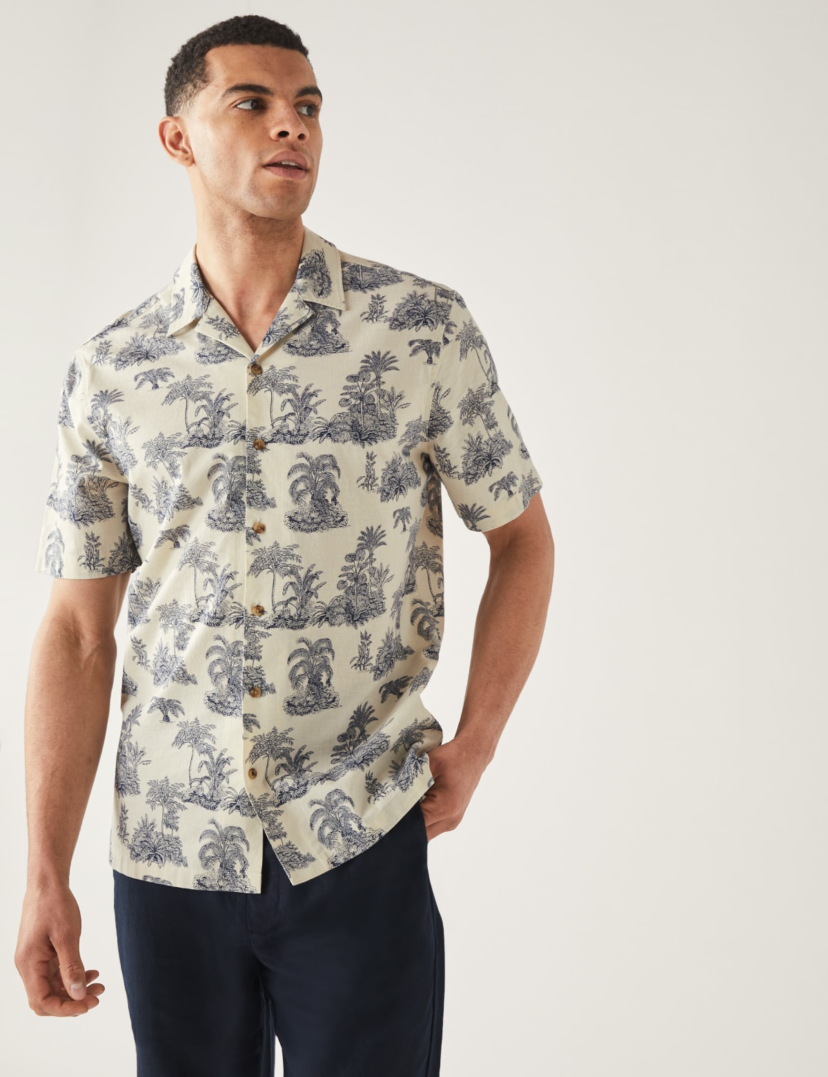 

Marks & Spencer Pure Cotton Palm Tree Print Cuban Collar Shirt (MALE, ECRU MIX, M-REG)