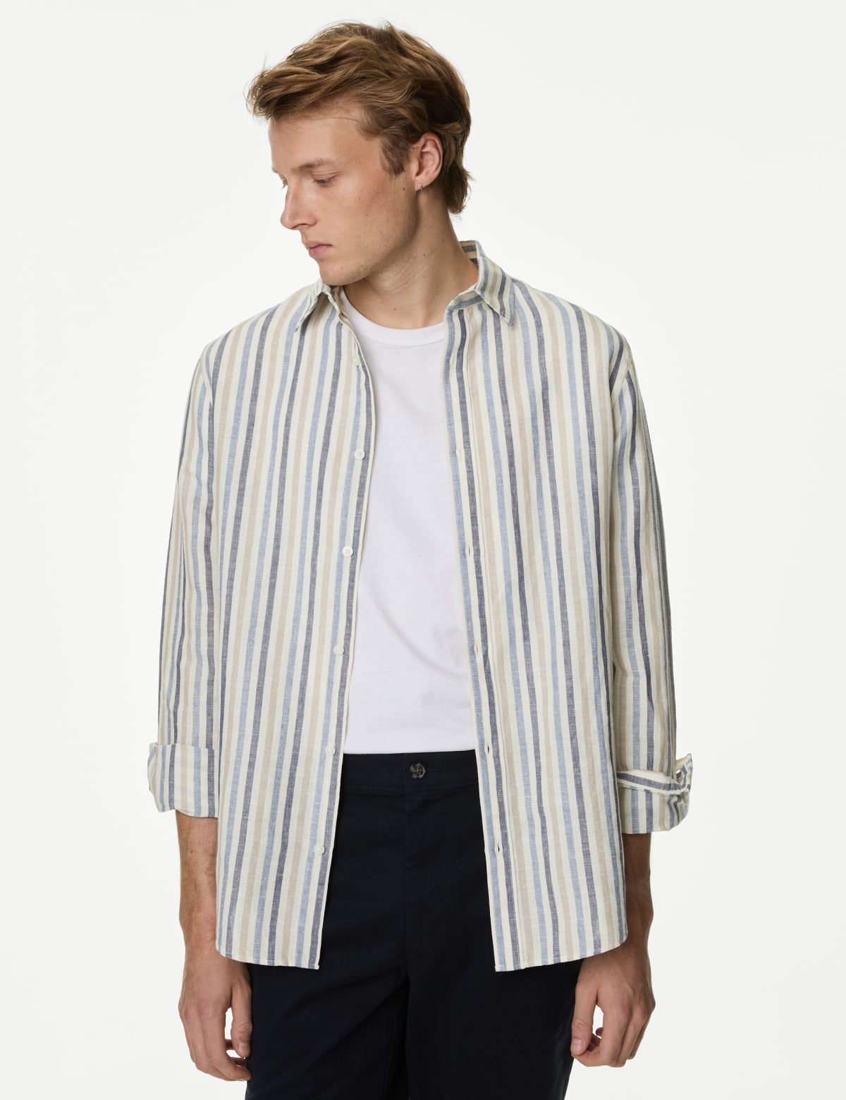 

Marks & Spencer Easy Iron Cotton Linen Blend Striped Shirt (MALE, BLUE MIX, XXL-REG)